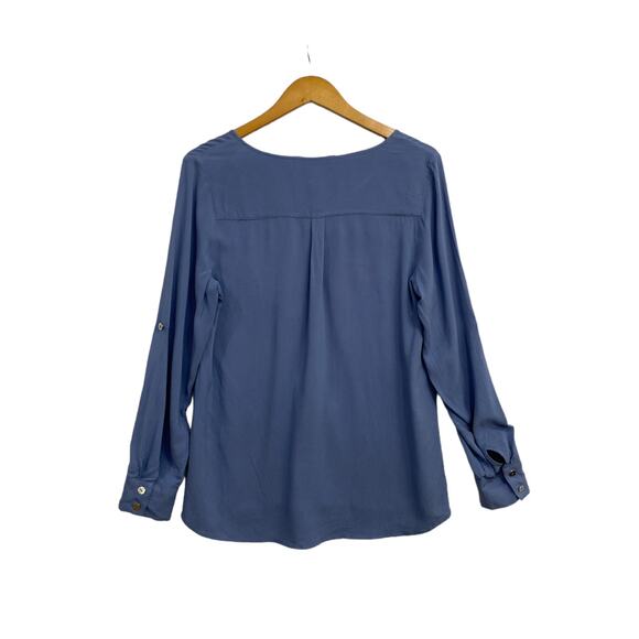 Soft Surroundings Blouse Women's Large No Size Tag Blue Front Zip Top Roll Tab - Picture 2 of 11